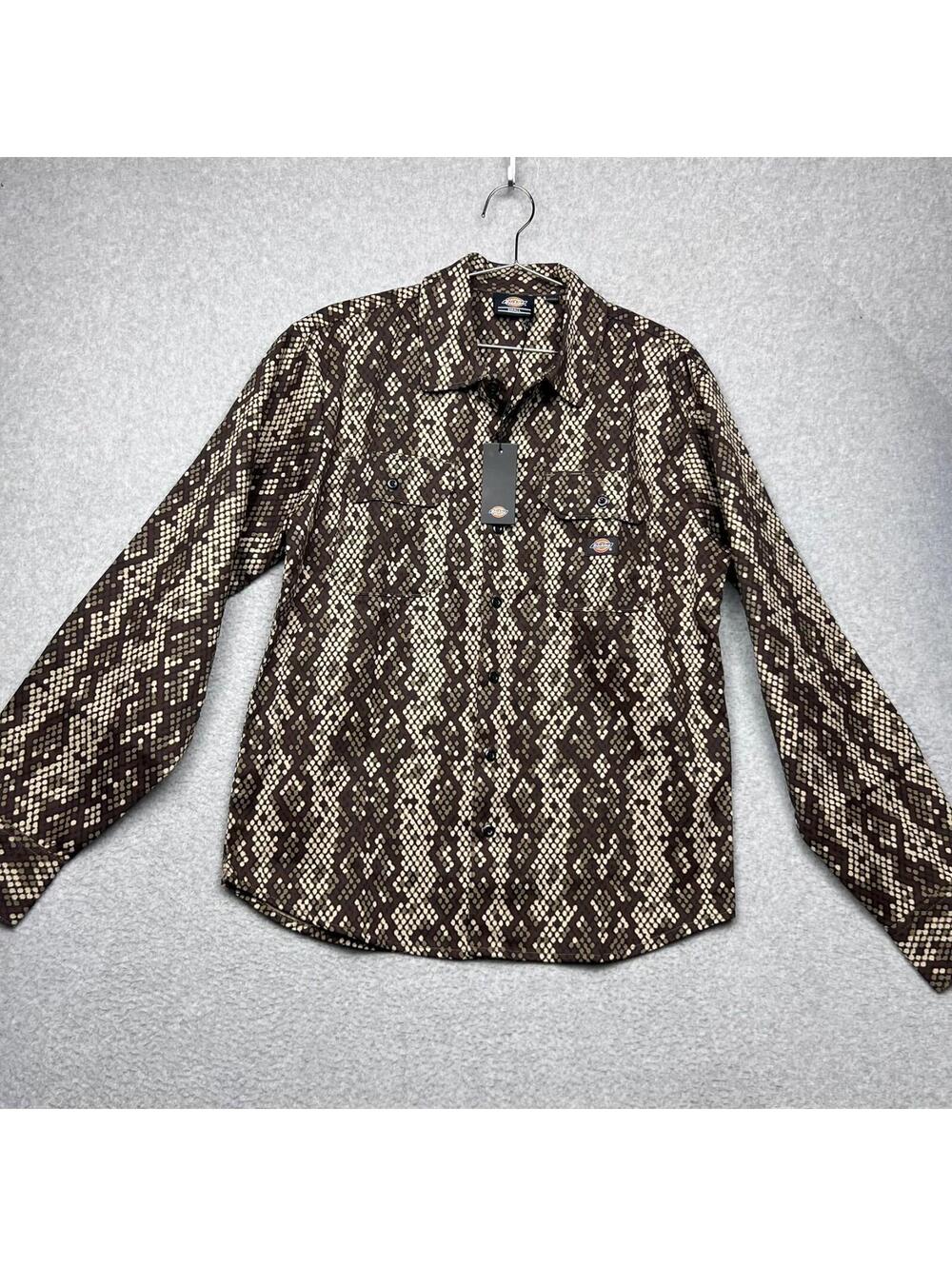 Dickies Camden Digital Snake Skin Print Long Sleeve Button Up Shirt Brown NWT S